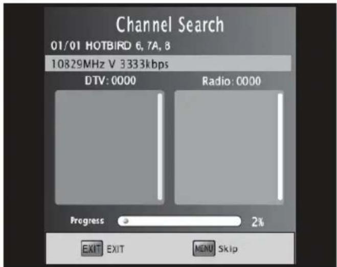 Channel Search 01/01 HOTBIRD 6, 7A, 8 10829MHz V 3333kbps DTV: 0000 Radio: 0000 Progress 2% EXIT EXIT MENU Skip