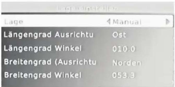 Lage Längengrad Ausrichtu Längengrad Winkel Breitengrad (Ausrichtu Breitengrad Winkel Manual Ost 010.0 Norden 053.3