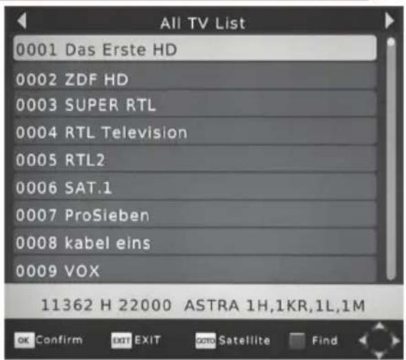 All TV List 0001 Das Erste HD 0002 ZDF HD 0003 SUPER RTL 0004 RTL Television 0005 RTL2 0006 SAT.1 0007 ProSieben 0008 kabel eins 0009 VOX 11362 H 22000 ASTRA 1H,1KR,1L,1M OK Confirm EXIT EXIT Satellite Find