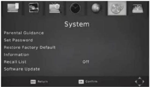 System Parental Guidance Set Password Restore Factory Default Information Recall List Off Software Update OK? Return OK Confirm