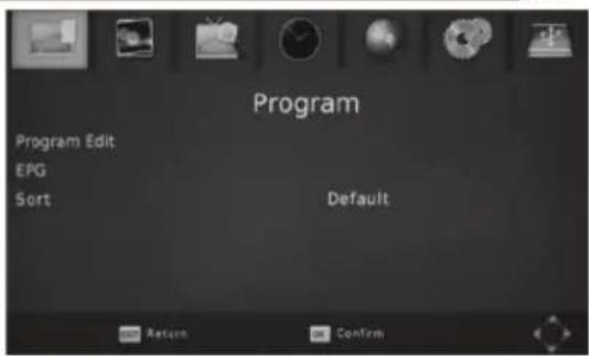 Program Program Edit EPG Sort Default Return Confirm