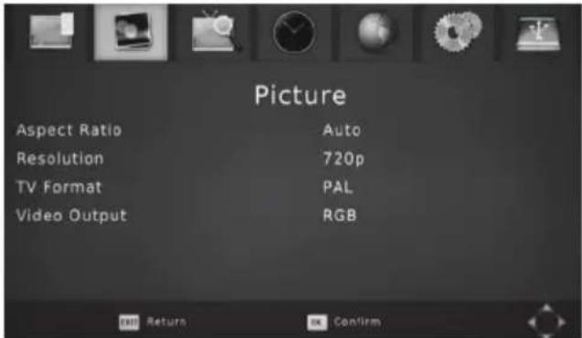 Picture Aspect Ratio Auto Resolution 720p TV Format PAL Video Output RGB OK Return OK Confirm
