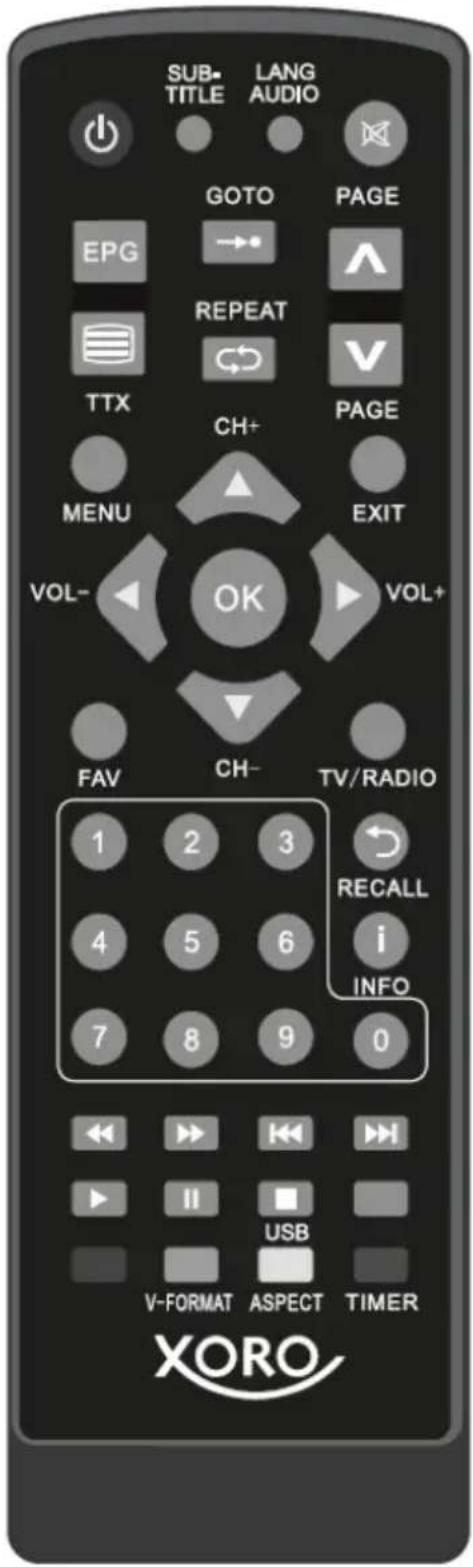SUB- TITLE LANG AUDIO GOTO PAGE EPG REPEAT TTX CH+ PAGE MENU EXIT VOL- OK VOL+ FAV CH- TV/RADIO 1 2 3 4 5 6 7 8 9 0 RECALL i INFO V-FORMAT ASPECT TIMER XORO