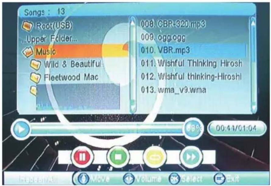 Songs : 13 Root(USB) ...Upper Folder... Music Wild & Beautiful Fleetwood Mac 008. CBR-320.mp3 009. ogg.ogg 010. VBR.mp3 011. Wishful Thinking Hirosh 012. Wishful thinking-Hiroshi 013. wma_v9.wma 00:44/01:04 ReplayAll Move Volume Select Exit