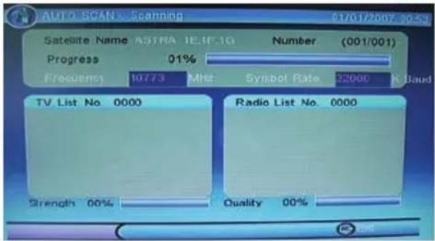 AUTO SCAN Scanning Satellite Name ASTRA 1EJG Number (001/001) Progress 01% Frequencies 10773 MHz Symbol Rate 52000 K Band TV List No. 0000 Radio List No. 0000 Strength 00% Quality 00%
