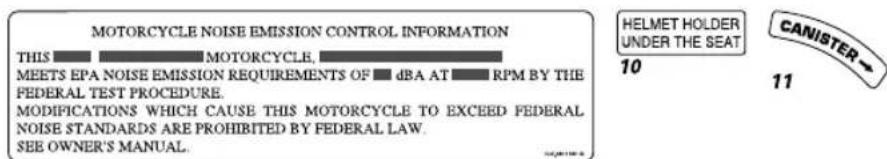 MOTORCYCLE NOISE EMISSION CONTROL INFORMATION THIS ■ ■■ MOTORCYCLE, MEETS EPA NOISE EMISSION REQUIREMENTS OF ■ dbA AT ■ RPM BY THE FEDERAL TEST PROCEDURE. MODIFICATIONS WHICH CAUSE THIS MOTORCYCLE TO EXCEED FEDERAL NOISE STANDARDS ARE PROHIBITED BY FEDERAL LAW. SEE OWNER'S MANUAL. HELMET HOLDER UNDER THE SEAT 10 CANISTER 11