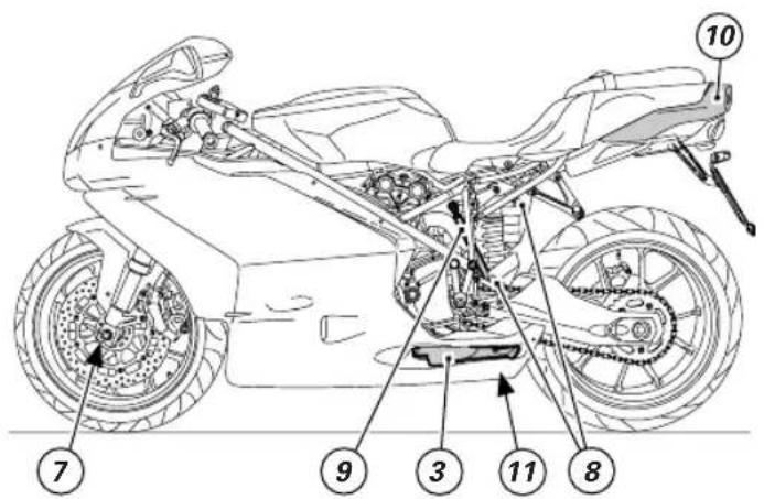 Technical diagram of a motorcycle with numbered parts for identification and assembly reference.