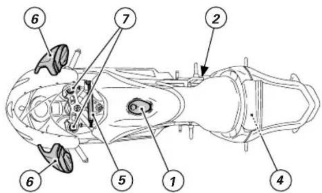 Technical diagram of a vehicle's internal components with numbered parts labeled 1 through 7