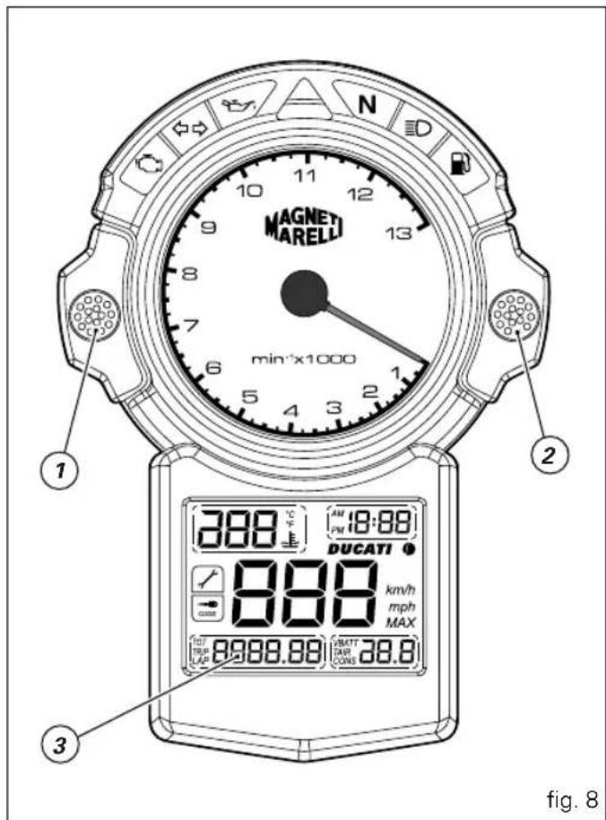 MAGNETI MARELI min:1x1000 388 18:88 DUCATI 888 km/h mph MAX TUT TRUI LAP 8988.88 BATT TAW CONS 38.8 N D 1 2 3 fig. 8