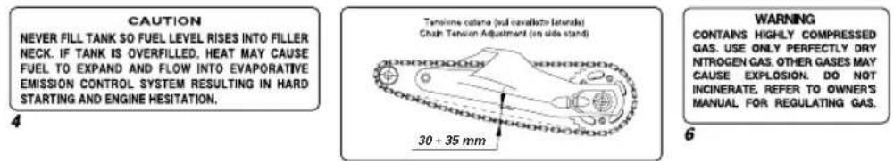 CAUTION NEVER FILL TANK SO FUEL LEVEL RISES INTO FILLER NECK. IF TANK IS OVERFILLED, HEAT MAY CAUSE FUEL TO EXPAND AND FLOW INTO EVAPORATIVE EMISSION CONTROL SYSTEM RESULTING IN HARD STARTING AND ENGINE HESITATION. Tensionnel cells (od cavities lateride) Chain Tension Adjustment (in side stand) 30 + 35 mm WARNING CONTAINS HIGHLY COMPRESSED GAS. USE ONLY PERFECTLY DRY NITROGEN GAS. OTHER GASES MAY CAUSE EXPLOSION. DO NOT INCINERATE, REFER TO OWNER'S MANUAL FOR REGULATING GAS.