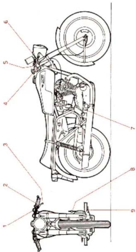 Technical diagram of a motorcycle with numbered parts for identification and assembly reference.