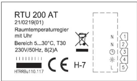 RTU 200 AT 21/0219(01) Raumtemperaturregler mit Uhr Bereich 5...30°C, T30 230V/50Hz, 8(2)A HTRRBu110.117 CE H-7 N 1 2 3 4 5
