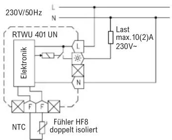 230V/50Hz L N RTWU 401 UN Elektronik L N Last max.10(2)A 230V~ NTC Fühler HF8 doppelt isoliert