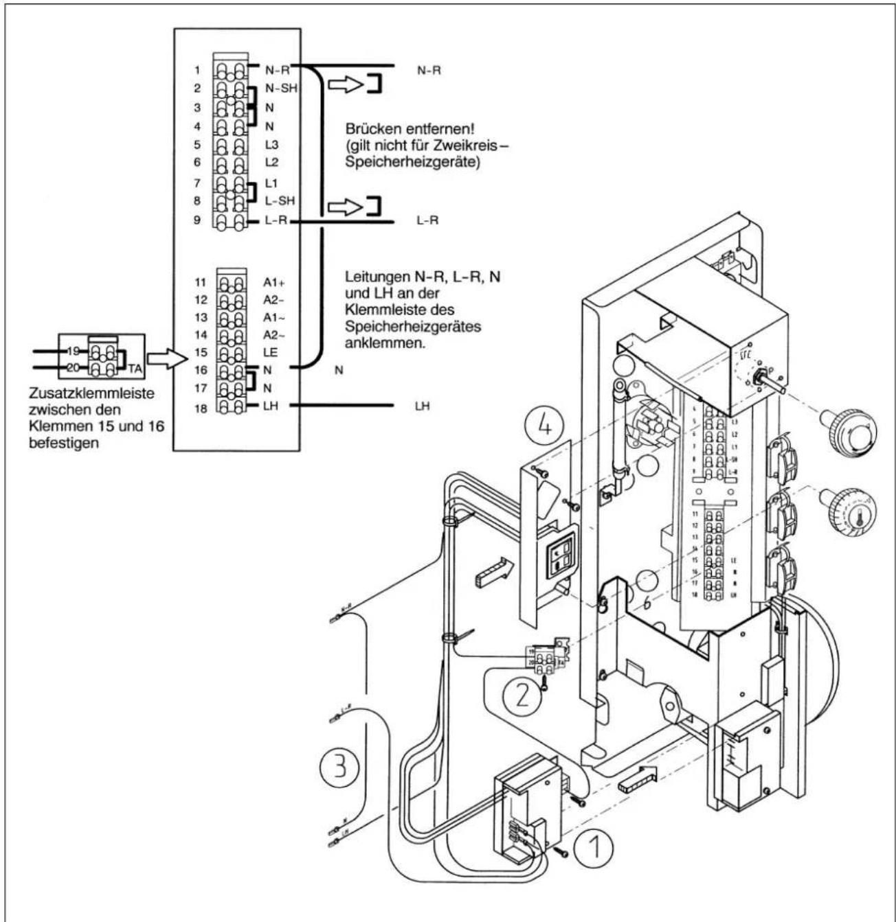 Zusatzklemmleiste zwischen den Klemmen 15 und 16 befestigen N-R N-SH N-R L3 L2 L1 L-SH L-R A1+ A2- A1~ A2~ LE N N LH Brücken entfernen! (gilt nicht für Zweikreis- Speicherheizgeräte) L-R Leitungen N-R, L-R, N und LH an der Klemmleiste des Speicherheizgerätes anklemmen. LH 4 2 3 1