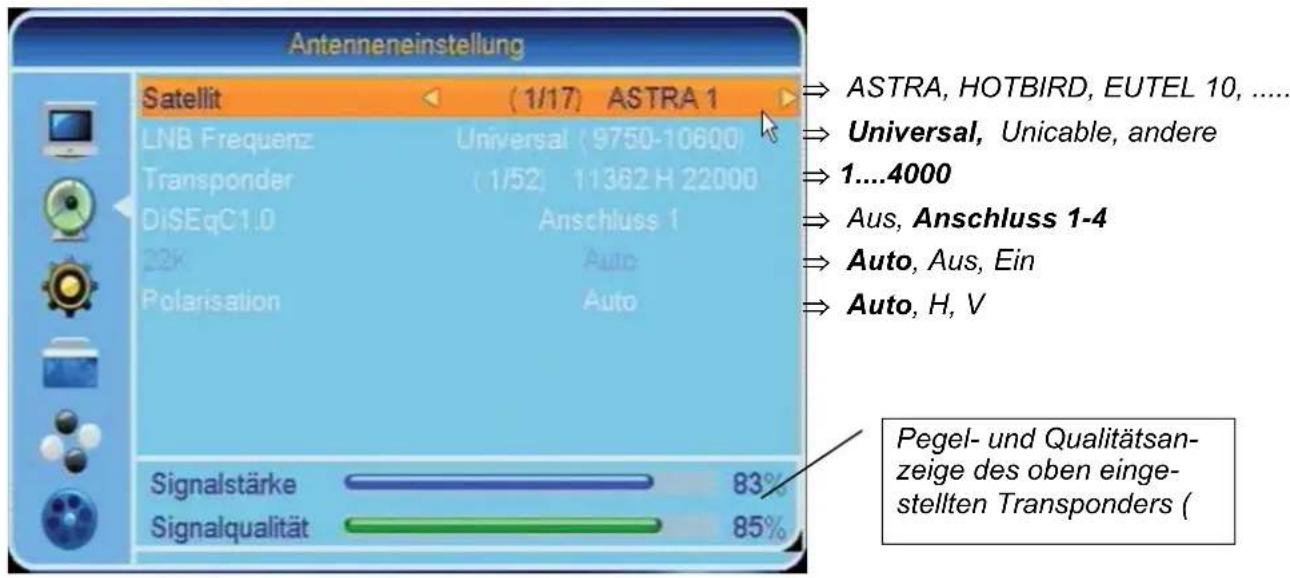 Antenneneinstellung Satellit (1/17) ASTRA 1 LNB Frequenz Universal (9750-10600) Transponder (1/52, 11362 H 22000) DiSEqC1.0 Anschluss 1 22K Auto Polarisation Auto Signalstärke 83% Signalqualität 85% → ASTRA, HOTBIRD, EUTEL 10, ...... → Universal, Unicable, andere → 1....4000 → Aus, Anschluss 1-4 → Auto, Aus, Ein → Auto, H, V Pegel- und Qualitätsan- zeige des oben einge- stellten Transponders (