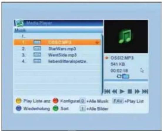 Media Player Music 1. OSS2MP3 2. StarWars.mp3 3. West5ide.mp3 4. Isberditteralspetze. OSS2MP3 541 KB 00:02:18 Play Liste anz Konfigural 0 +Alle Musik: FAV +Play List Wiederholung Sort 1 +Alle Bilder