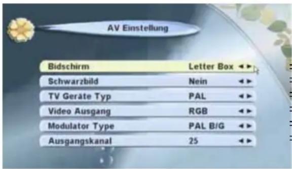AV Einstellung Bidschirm Letter Box Schwarzbild Nein TV Geräte Typ PAL Video Ausgang RGB Modulator Type PAL B/G Ausgangskanal 25