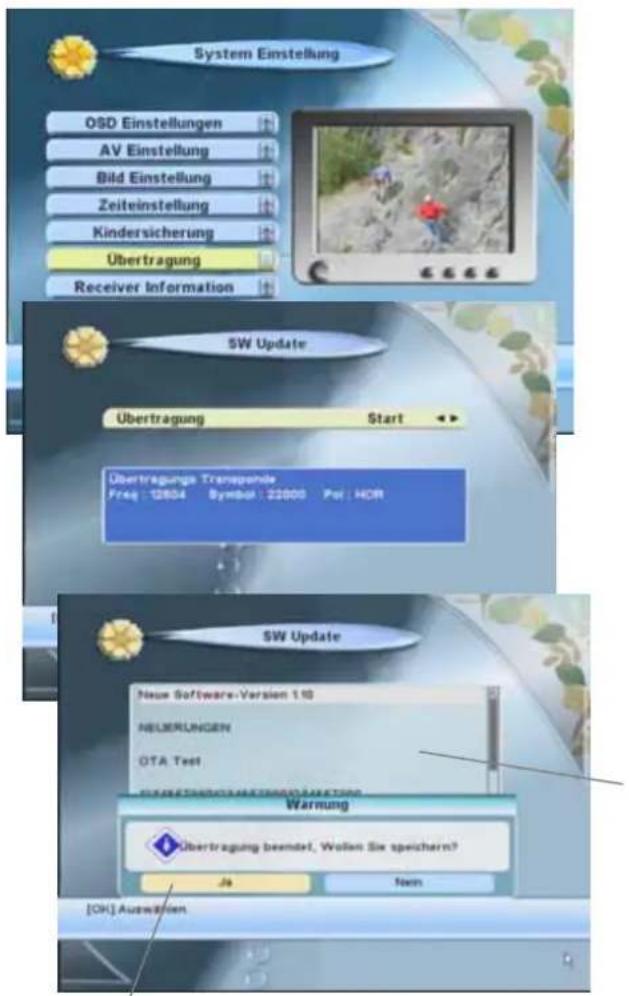 System Einstellung OSD Einstellungen AV Einstellung Bild Einstellung Zeiteinstellung Kindersicherung Übertragung Receiver Information SW Update Übertragung Start Übertragungs Transpeende Free: 12804 Symbol: 22000 Pol: HDR SW Update Neue Software-Version 1.10 NEUERUNGEN OTA Test Warming Übertragung beendet, Wollen Six speichern? Ja Next [OK] Auswahlen