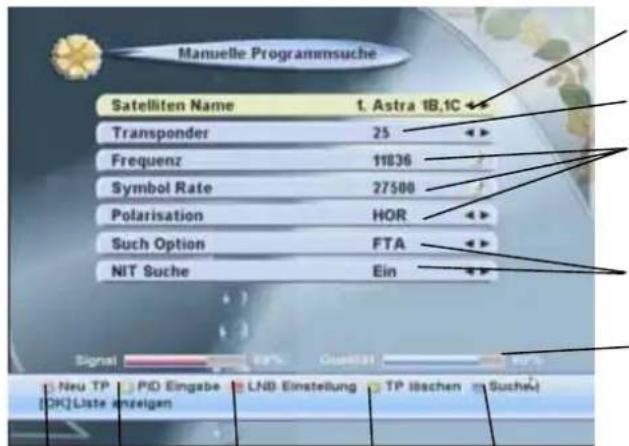 Manuelle Programmusuche Satelliten Name t. Astra 1B,1C Transponder 25 Frequenz 11836 Symbol Rate 27500 Polarisation HOR Such Option FTA NIT Suche Ein