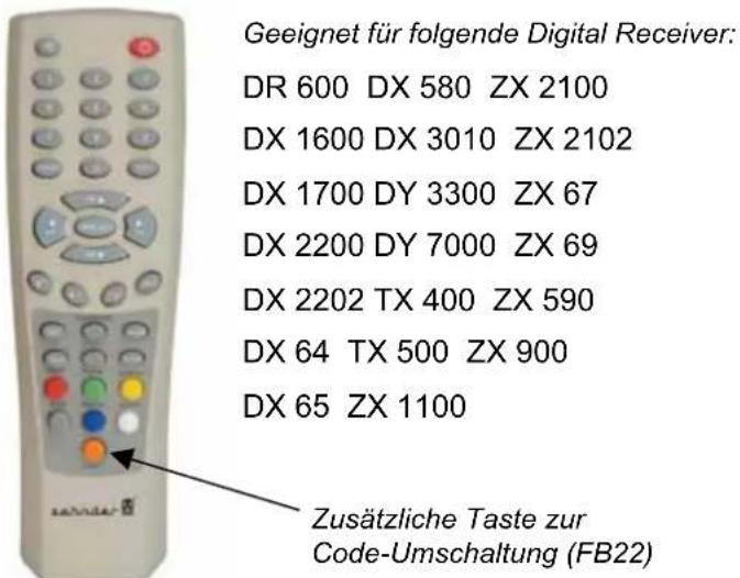Geeignet für folgende Digital Receiver: DR 600 DX 580 ZX 2100 DX 1600 DX 3010 ZX 2102 DX 1700 DY 3300 ZX 67 DX 2200 DY 7000 ZX 69 DX 2202 TX 400 ZX 590 DX 64 TX 500 ZX 900 DX 65 ZX 1100 Zusätzliche Taste zur Code-Umschaltung (FB22)