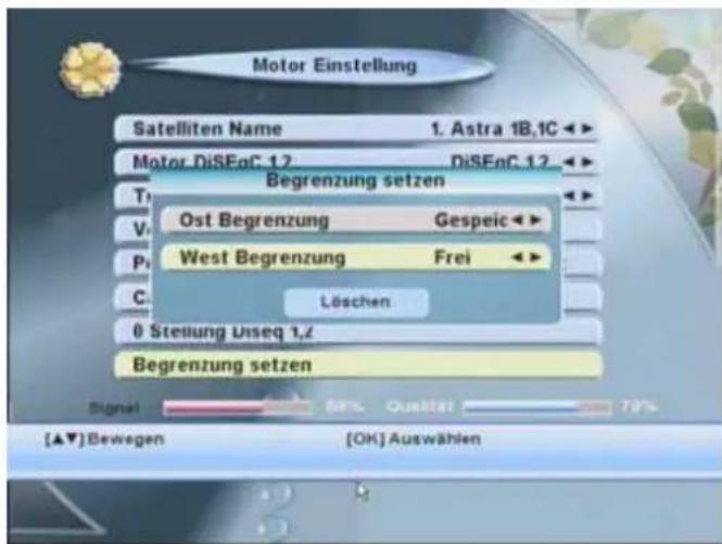 Motor Einstellung Satelliten Name 1. Astra 1B,1C Motor DiSEoC 1.2 DiSEoC 1.2 Begrenzung setzen T V P C Ost Begrenzung Gespeic West Begrenzung Frei Löschen 0 Stellung Uiseq 1,2 Begrenzung setzen Signal BW Quality 70% [▲▼] Bewegen [OK] Auswählen