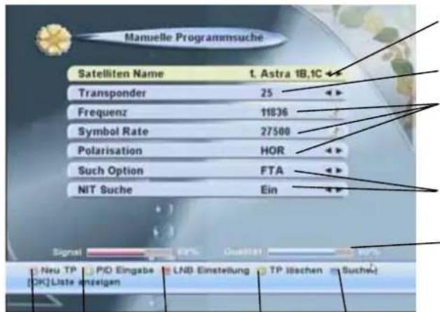 Manuelle Programmsuche Satelliten Name t. Astra 18,1C Transponder 25 Frequenz 11836 Symbol Rate 27500 Polarisation HOR Such Option FTA NIT Suche Ein