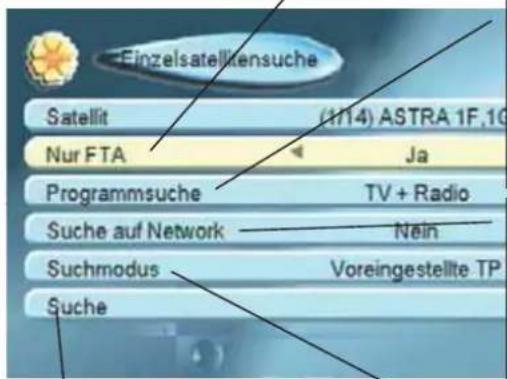 Einzelsatelltensuche Satellit (1/14) ASTRA 1F.1G Nur FTA Ja Programmsuche TV + Radio Suche auf Network Nein Suchmodus Voreingestellte TP Suche