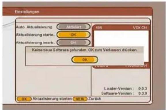 Einstellungen Auto. Aktualisierung Aktualisierung starte. Aktualisierung besten. 495 VCK CH Keine neue Software gefunden. OK zum Verlassen drücken. OK Loader-Version : 0,0,3 Softcare-Version : 0,3,9 OK Aktualisierung startes MERI Zurück
