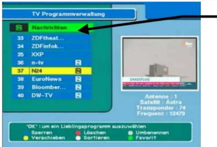 TV Programmverwaltung Nachrichten 33 ZDFtheat... 34 ZDFinfok... 35 XXP 36 n-tv 37 N24 38 EuroNews 39 Bloomberg... 40 DW-TV Antenna : 1 Satellit : Astra Transponder : 74 Frequenz : 12479 'OK' um ein Lieblingsprogramm auszuwählen Sperren Löschen Umbenennen Verschieben Sortieren Favorit