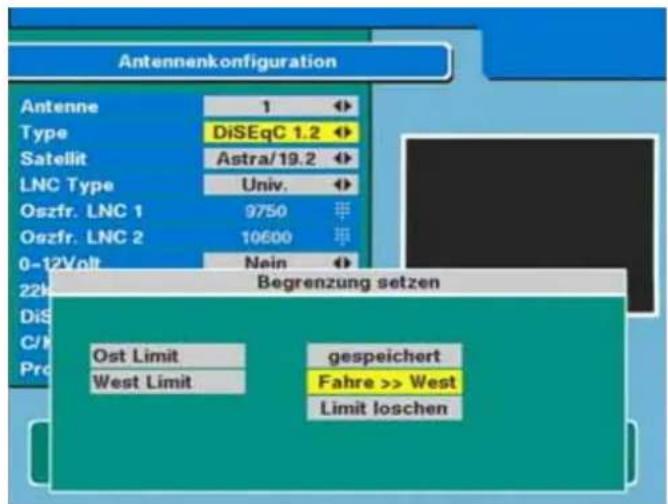 Antennenkonfiguration Antenne 1 Type DiSEqC 1.2 Satellit Astra/19.2 LNC Type Univ. Oszfr. LNC 1 9750 Oszfr. LNC 2 10600 0-12Volt Nein Begrenzung setzen Ost Limit gespeichert West Limit Fahre >> West Limit loschen