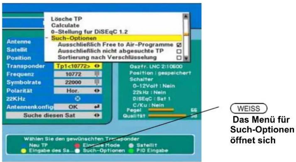 Lösche TP Calculate 0-Stellung für DiSEqC 1.2 - Such-Optionen Antenne Satellit Position Transponder Tp1<10772> Frequenz 10772 Symbolrate 22000 Polarität Hor. 22KHz Antennenkonfig OK Suche diesen Sat Oszfr. UNC 2:10600 Position : gespeichert Schalter 0-12Volt : Nein 22kHz : Nein DiSEqC : Sat 1 C/Ku : Nein Pegel 56 Qualität 58 WEISS Das Menü für Such-Optionen öffnet sich Wählen Sie den gewünschten Transponder Neu TP Eingabe Mode Satellit Eingabe des Sa Sich-Optionen PID Eingabe