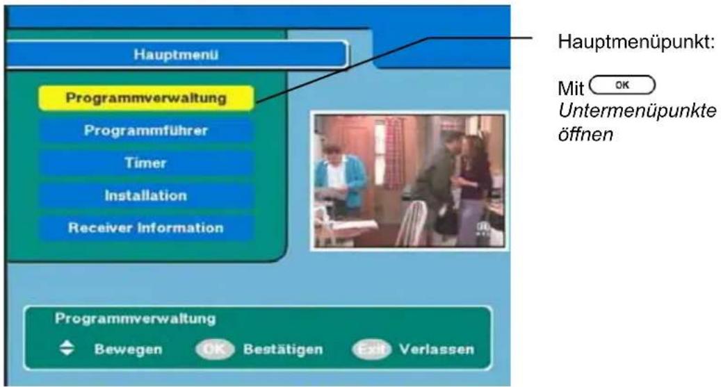 Hauptmenü Programmverwaltung Programmführer Timer Installation Receiver Information Hauptmenüpunkt: Mit OK Untermenüpunkte öffnen Programmverwaltung Bewegen OK Bestätigen Exit Verlassen