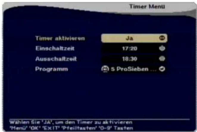 Timer Menu Timer aktivieren Ja Einschaltzeit 17:20 Ausschaltzeit 18:30 Programm 5 ProSieben ... Wählen Sie 'JA', um den Timer zu aktivieren 'Menu' 'OK' 'EXIT' 'Pfeiltasten' '0-9' Tasten