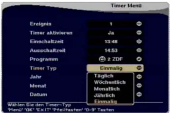 Timer Menu Ereignis 1 Timer aktivieren Ja Einschaltzeit 13:48 Ausschaltzeit 14:53 Programm 2 ZDF Timer Typ Einmalig Jahr Täglich Monat Wöchentlich Datum Monatlich Jährlich Einmalig Wahlen Sie den Timer-Typ 'Menu' 'OK' 'EXIT' 'Pfeiltasten' '0-9' Tasten