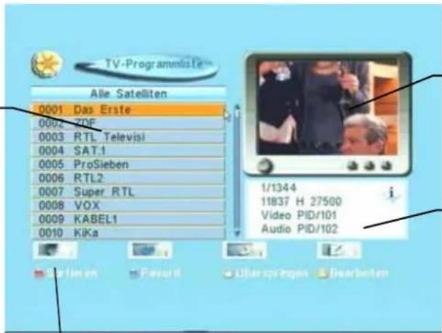 TV-Programmlister Alle Satelliten 0001 Das Erste 0002 KOF 0003 RTL Televisi 0004 SAT.1 0005 ProSieben 0006 RTL2 0007 Super RTL 0008 VOX 0009 KABEL1 0010 KIka 1/1344 11837 H 27500 Video PID/101 Audio PID/102