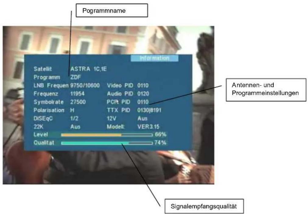 Pogramname Information Satellit ASTRA 1C,1E Programm ZDF LNB Frequen 9750/10600 Video PID 0110 Frequenz 11954 Audio PID 0120 Symbolrate 27500 PCP PID 0110 Polarisation H TTX PID 0130|8191 DiSeqC 1/2 12V Aus 22K Aus Modell VER3.15 Level 66% Qualitat 74% Antennen- und Programmeinstellungen Signalempfangsqualität