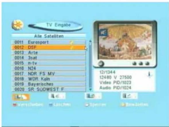 TV Engabe Alle Satelliten 0011 Eurosport 0012 DSF 0013 Arte 0014 3sat 0015 n-tv 0016 N24 0017 NDR FS MV 0018 WDR Koln 0019 Bayerisches 0020 SR SQOWEST F 12/1344 12480 V 27500 Video PID/1023 Audio PID/1024