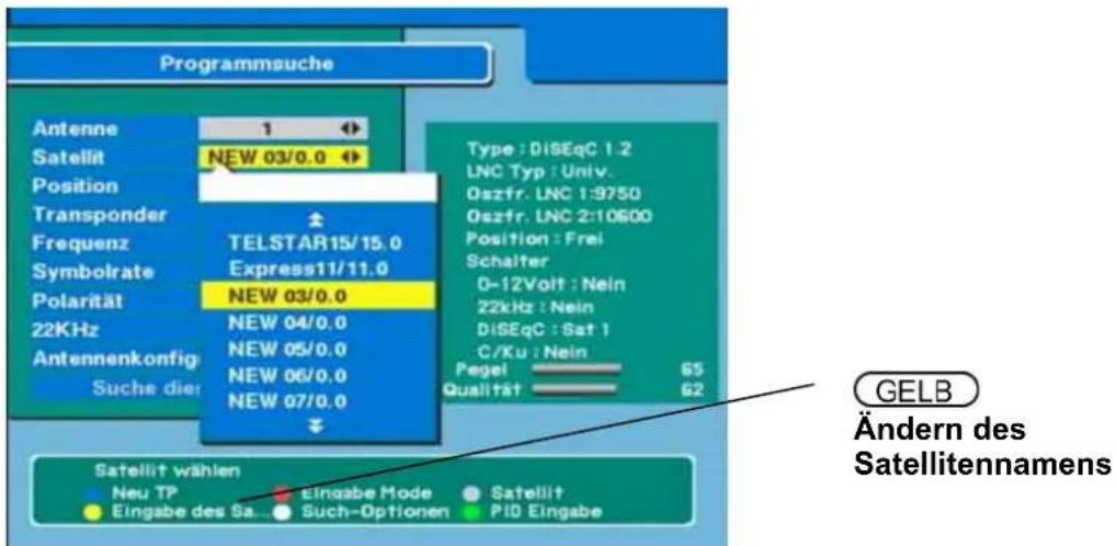 Programmsuche Antenne 1 Satellit NEW 03/0.0 Position Transponder ↑ Frequenz TELSTAR15/15.0 Symbolrate Express11/11.0 Polarität NEW 03/0.0 22KHz NEW 04/0.0 Antennenkonfig NEW 05/0.0 Suche dier NEW 06/0.0 NEW 07/0.0 Type : DiSEqC 1:2 LNC Typ : Univ. Oszfr. LNC 1:9750 Oszfr. LNC 2:10600 Position : Frei…
