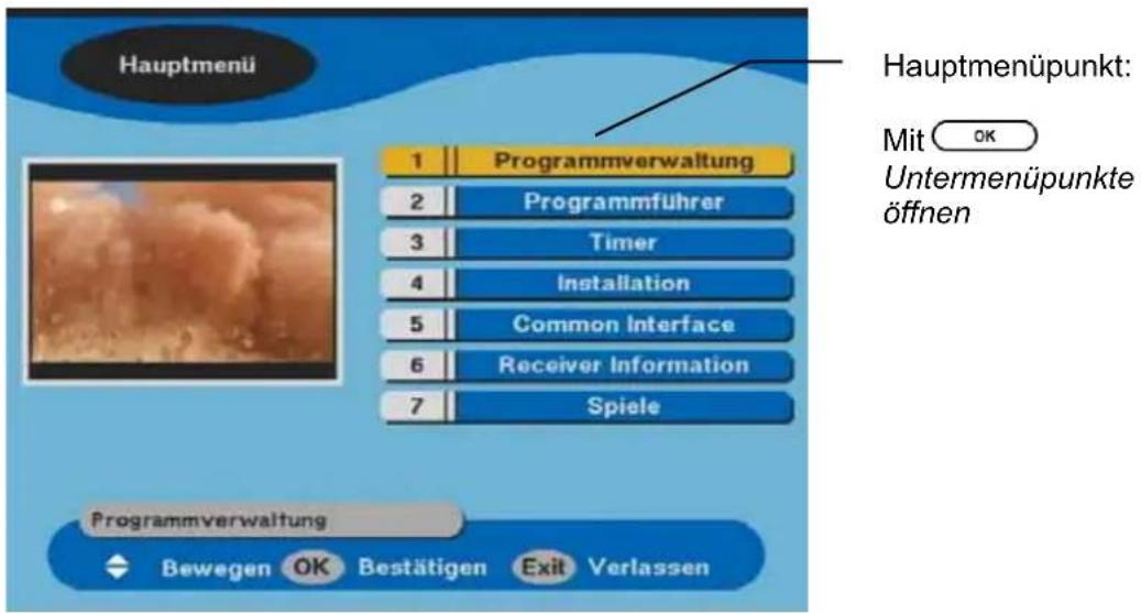 Hauptmenü 1 | Programmverwaltung 2 | Programmführer 3 | Timer 4 | Installation 5 | Common Interface 6 | Receiver Information 7 | Spiele Programmverwaltung Bewegen OK Bestätigen Exit Verlassen Hauptmenüpunkt: Mit OK Untermenüpunkte öffnen
