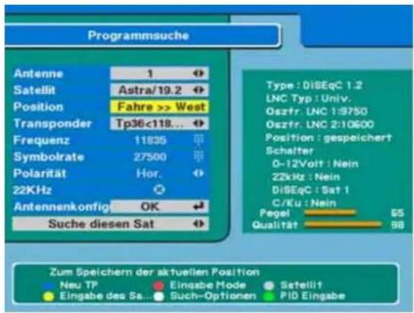 Programmsuche Antenne 1 Satellit Astra/19.2 Position Fahre >> West Transponder Tp36<118... Frequenz 11835 Symbolrate 27500 Polarität Hor. 22KHz Antennenkonfig OK Suche diesen Sat Type: DiBEqC 1.2 LNC Typ: Univ. Oszfr. LNC 1:9750 Oszfr. LNC 2:10600 Position: gespeichert Schalter 0-12Volt: Nein 22kHz:…