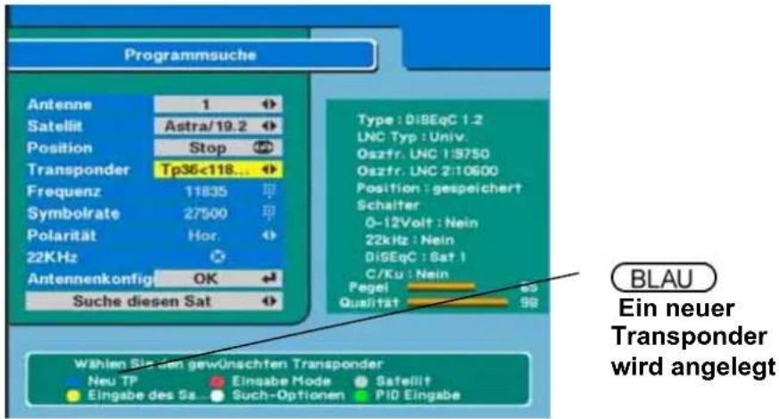 Programmsuche Antenne 1 Satellit Astra/19.2 Position Stop Transponder Tp36-c118... Frequenz 11835 Symbolrate 27500 Polarität Hor. 22KHz Antennenkonfig OK Suche diesen Sat Type: DiBEqC 1.2 LNC Typ: Univ. Oszfr. UNC 1:9750 Oszfr. LNC 2:10600 Position: gespeichert Schalter 0-12Volt: Nein 22kHz: Nein Di…