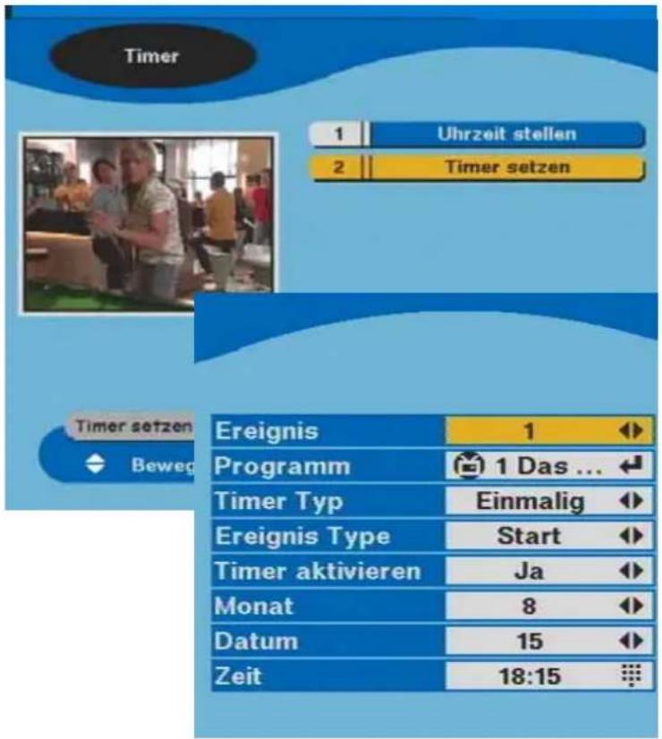 Timer 1 Uhrzeit stellen 2 Timer setzen Timer setzen Ereignis 1 Programm 1 Das ... Timer Typ Einmalig Ereignis Type Start Timer aktivieren Ja Monat 8 Datum 15 Zeit 18:15