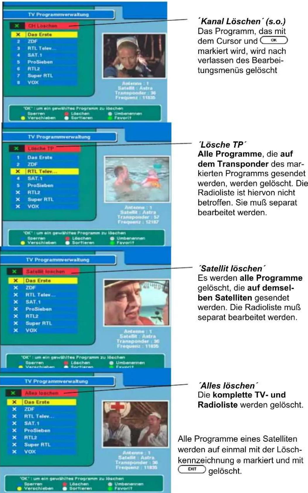 TV Programmverwaltung GH Löschen Das Erste ZDF RTL Telev... SAT.1 ProSieben RTL2 Super RTL VOX Antenna : 1 Satellit : Astra Transponder : 36 Frequenz : 11835 'Kanal Löschen' (s.o.) Das Programm, das mit dem Cursor und OK markiert wird, wird nach verlassen des Bearbeitungsmenüs gelöscht 'OK': um ein…