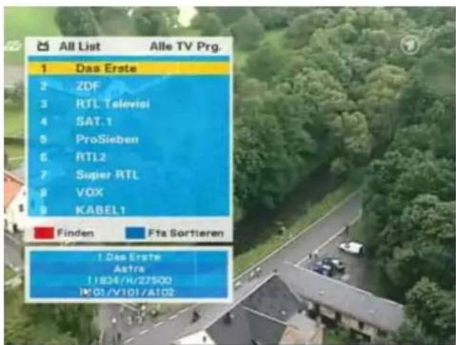 All List Alle TV Prg. 1 Das Erste 2 ZDF 3 RTL Televiol 4 SAT.1 5 ProSieben 6 RTL2 7 Super RTL 8 VOX 9 KABEL1 Finden Fta Sortieren 1 Das Erste Astra 11804/K/27500 1K01/V101/A102