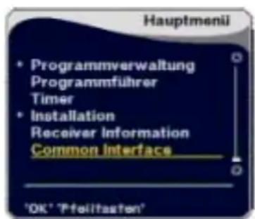Hauptmenü • Programmverwaltung Programmführer Timer • Installation Receiver Information Common Interface 'DK' 'Pfeilitasten'