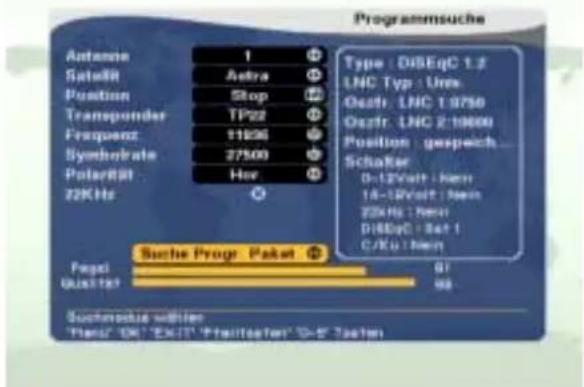Programmsuche Antenna 1 Satell Astra Position Stop Transponder TP22 Frequency 11836 Synchrate 27500 Polar@I Her 22KHz Type : DISEqC 1.3 LNC Typ : Ums Ostr. LNC 1:9750 Ostr. LNC 2:19600 Position : gespech... Schäker 0-12Volt : hem 14-18Volt : hem 25kHz : hem DISEqC : Set 1 C/Ku : hem Sucher Progr. Paket + Pagei 61 Qualita 68 Sucherput witter "Plan" OK "Exit" "Pallstater" 0-5 "Tachn"