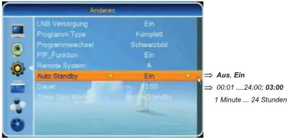 Anderes LNB Versorgung Ein Programm Type Komplett Programmwechsel Schwarzbild PIP_Funktion Ein Remote System A Auto Standby Ein Dauer 13:00 Timer Stop Mode in den Standby ⇒ Aus, Ein ⇒ 00:01 ....24:00; 03:00 1 Minute ... 24 Stunden