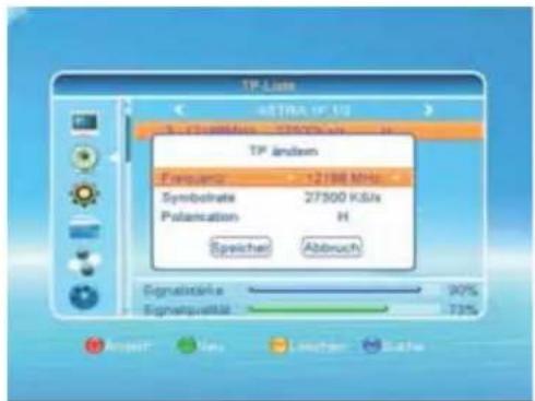 TP Lists TIP LISTA (10.1) Frequency 12186 MHz Symbolrate 27300 KS/s Translation H Speicher Abbrevi Signal strength 90% Signetquartile 73%