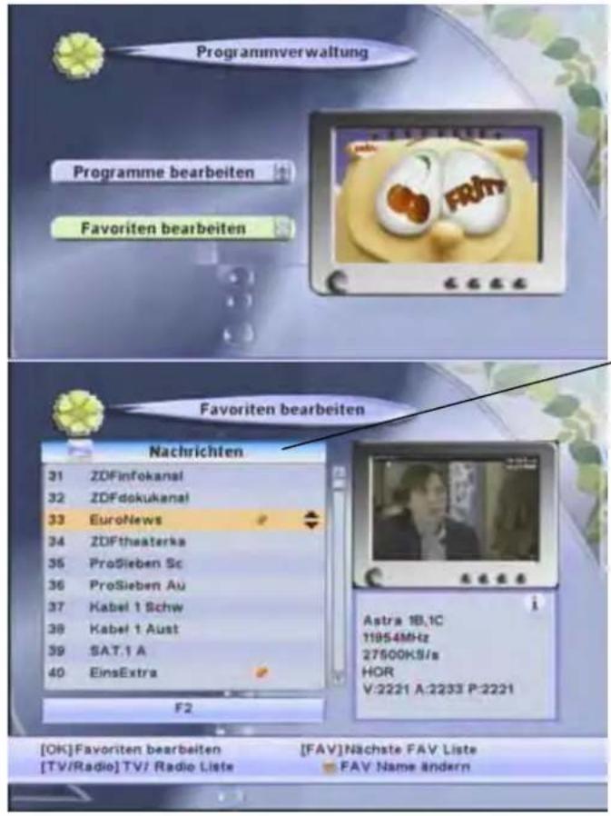 Programmverwaltung Programme bearbeiten Favorite bearbeiten Nachrichten 31 ZDFinfokanal 32 ZDFdokukanal 33 EuroNews 34 ZDFtheaterka 35 ProSieben Sc 36 ProSieben Au 37 Kabel 1 Schw 38 Kabel 1 Aust 39 SAT.1 A 40 EinsExtra F2 [OK] Favoriten bearbeiten [TV/Radio] TV/ Radio Liste [FAV] Nachste FAV Lists ■ FAV Name ändern