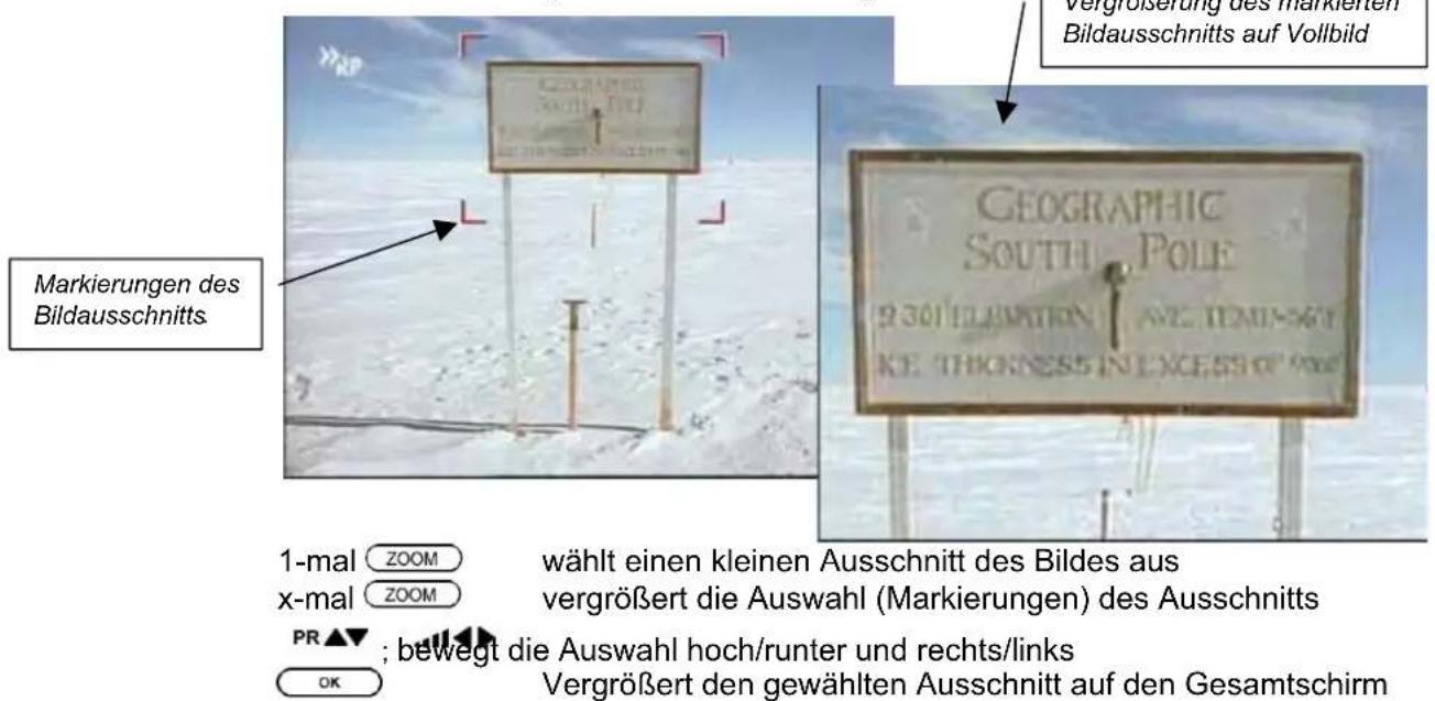 Markierungen des Bildausschnitts 1-mal ZOOM wählt einen kleinen Ausschnitt des Bildes aus x-mal ZOOM vergrößert die Auswahl (Markierungen) des Ausschnitts PR ▲ ; bewegt die Auswahl hoch/runter und rechts/links OK Vergrößert den gewählten Ausschnitt auf den Gesamtschirm GEOGRAPHIC SOUTH POLE B 30' ELLAMATION AVE. TEADUS-60T KE THORNESSE IN EXCESSO 9000